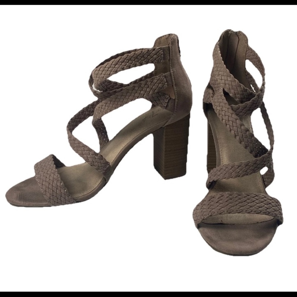 LC Lauren Conrad Aventurine Taupe High Heel Braided Sandals Women’s Size 10M